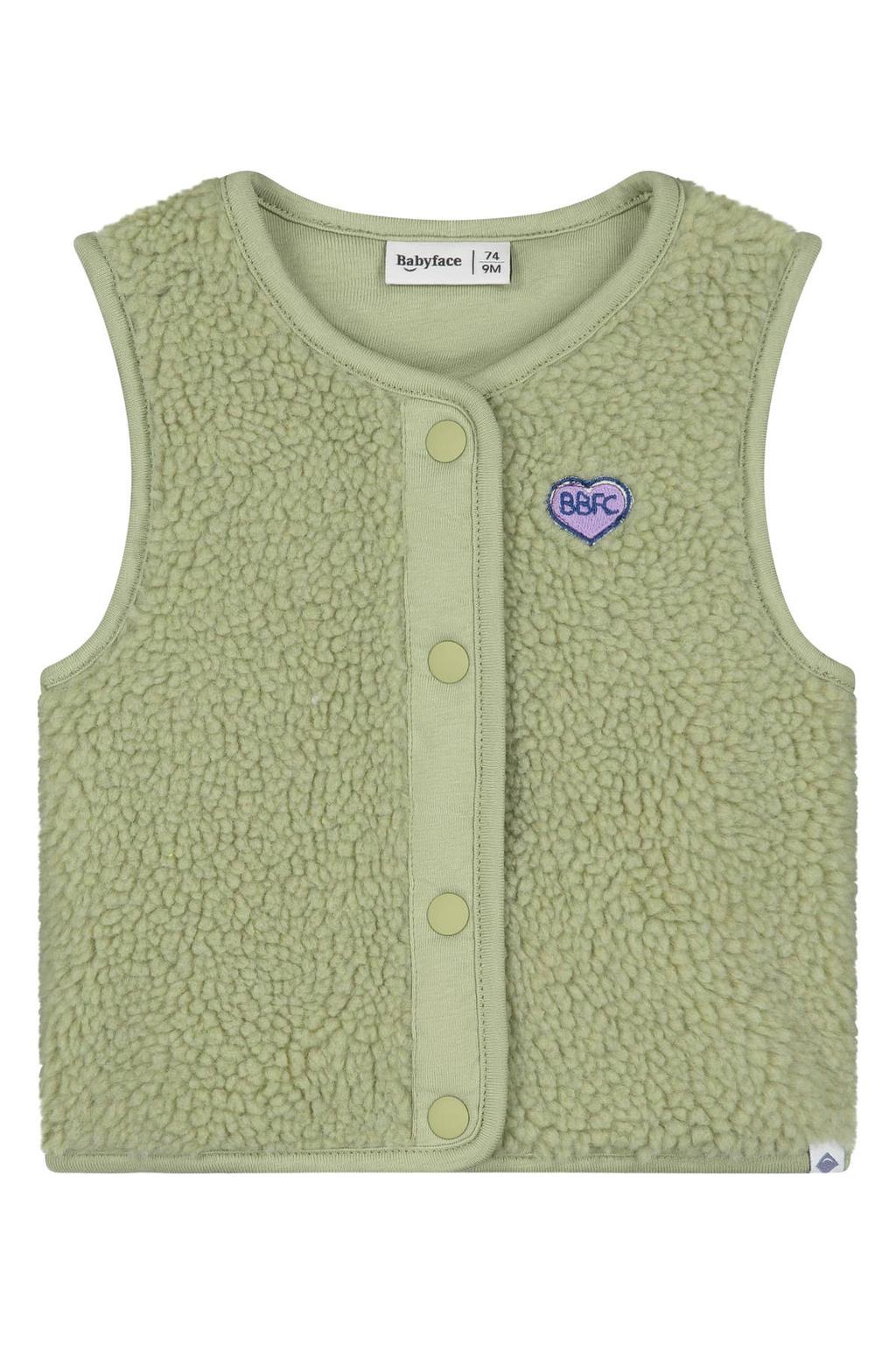 Groene meisjes Babyface rechtvallende teddy gilet met effen, ronde hals en drukknoopsluiting