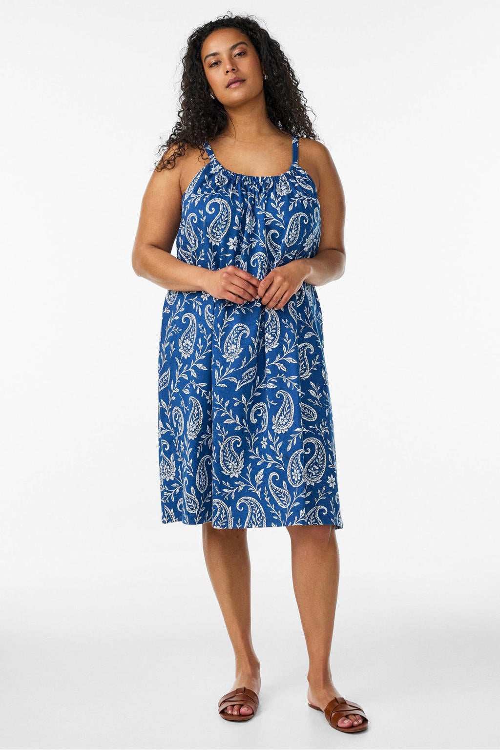 Blauwe dames Zizzi zomerjurk Plus Size van katoen met paisley print en spaghettibandjes