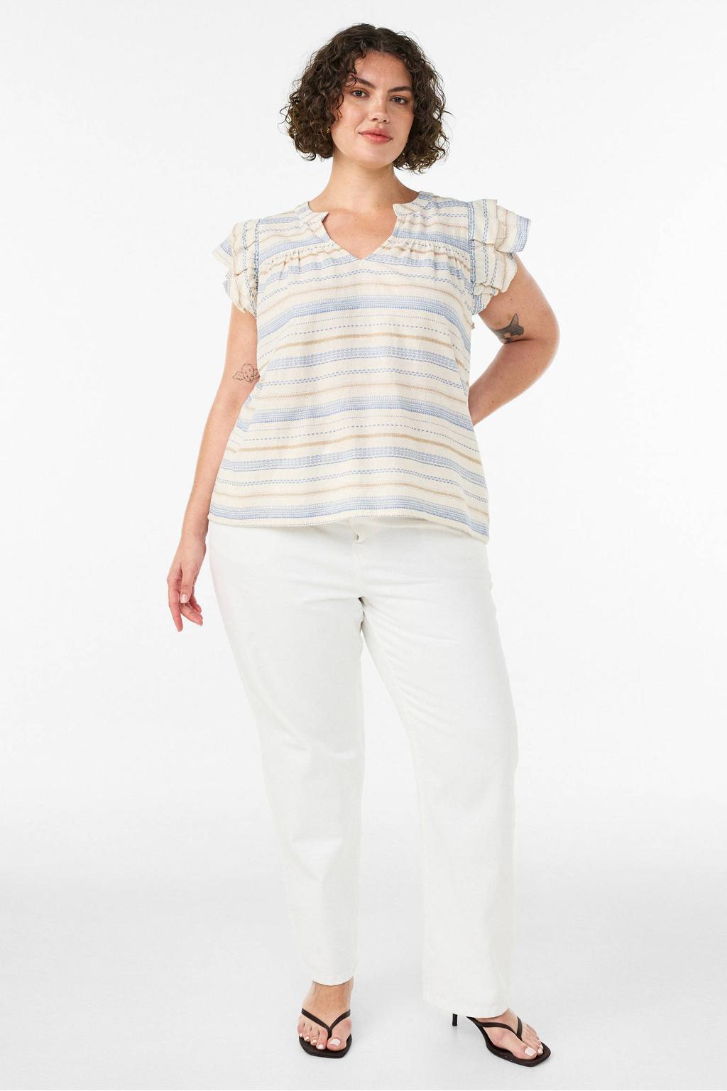 Multikleurige dames Zizzi katoenen gestreepte top Plus Size meerkleurig met korte mouwen