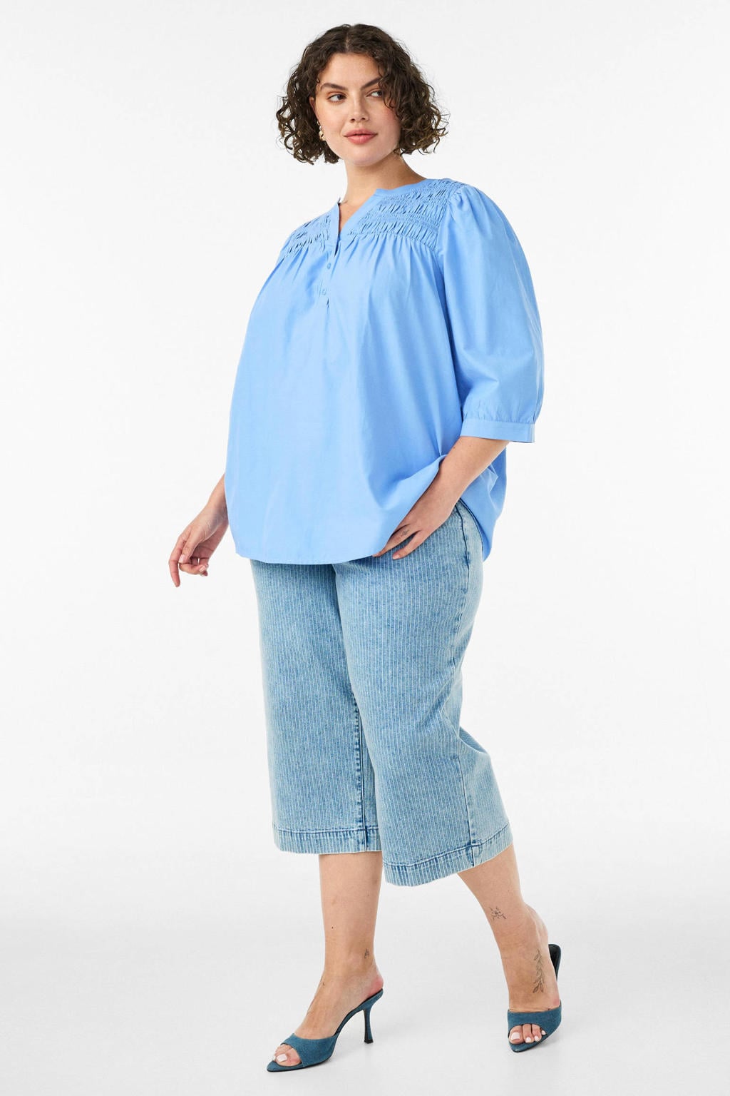 Blauwe dames Zizzi katoenen top Plus Size met driekwart mouwen