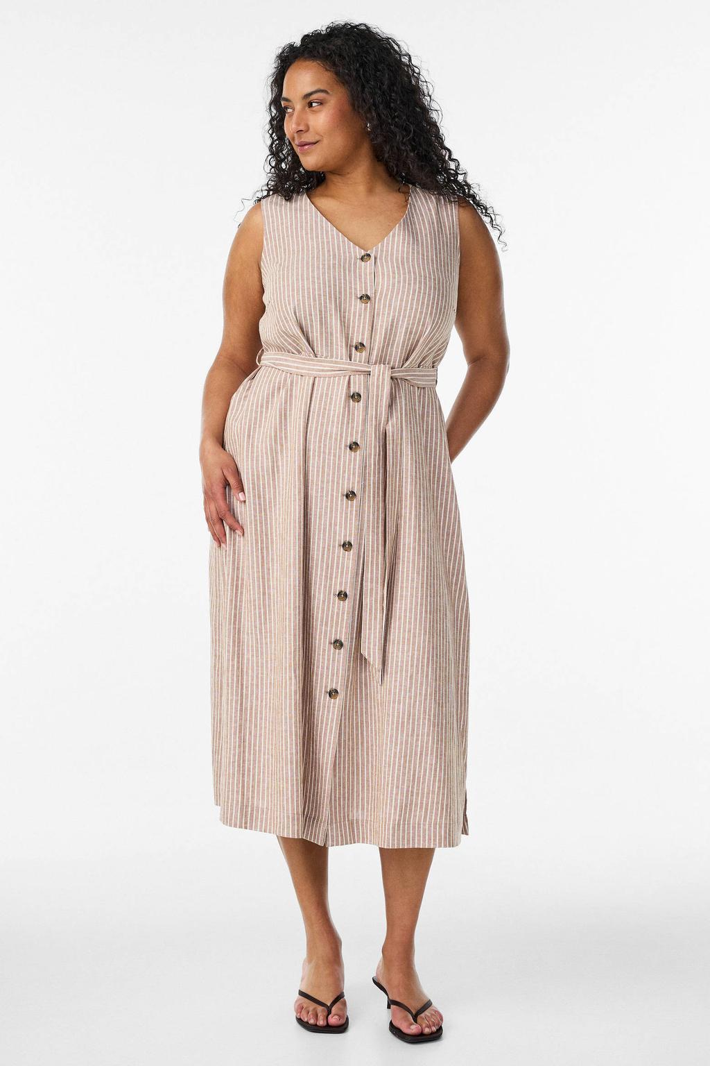 Oudroze en witte dames Zizzi blousejurk Plus Size van linnen met krijtstreepprint, knoopsluiting en ceintuur