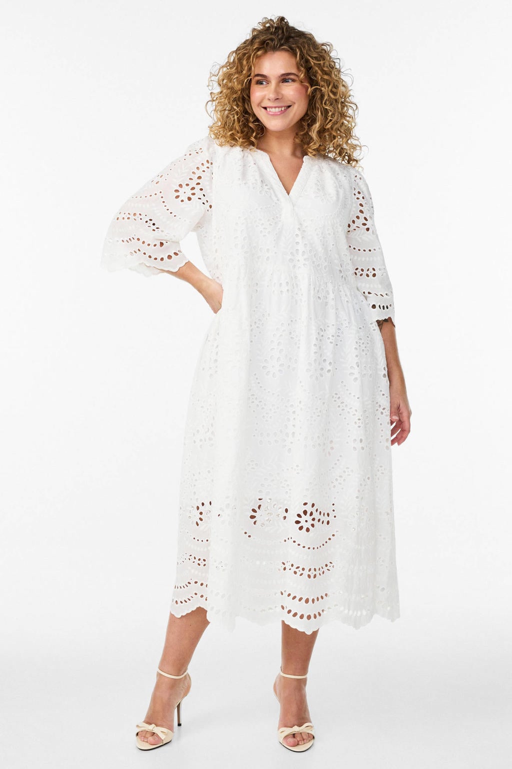 Witte dames Zizzi gebloemde cocktailjurk broderie van katoen met korte mouwen, klassieke kraag en knoopsluiting