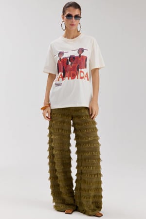 high waist straight fit broek met ruches - khaki