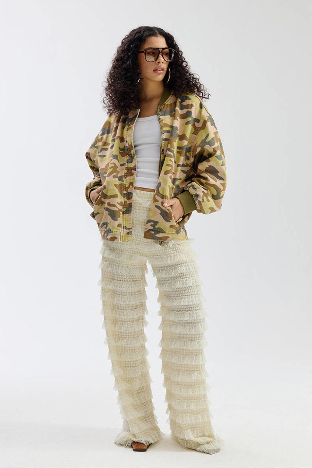 Ecru dames HARPER & YVE straight fit broek van polyamide met elastische tailleband en effen