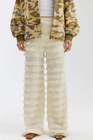 straight fit broek met ruches - ecru