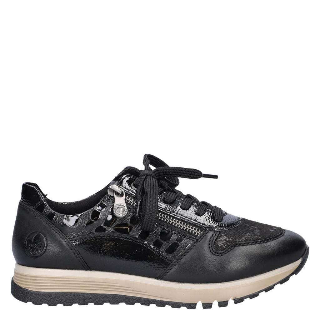 Zwarte dames Rieker leren sneakers met rits- en vetersluiting