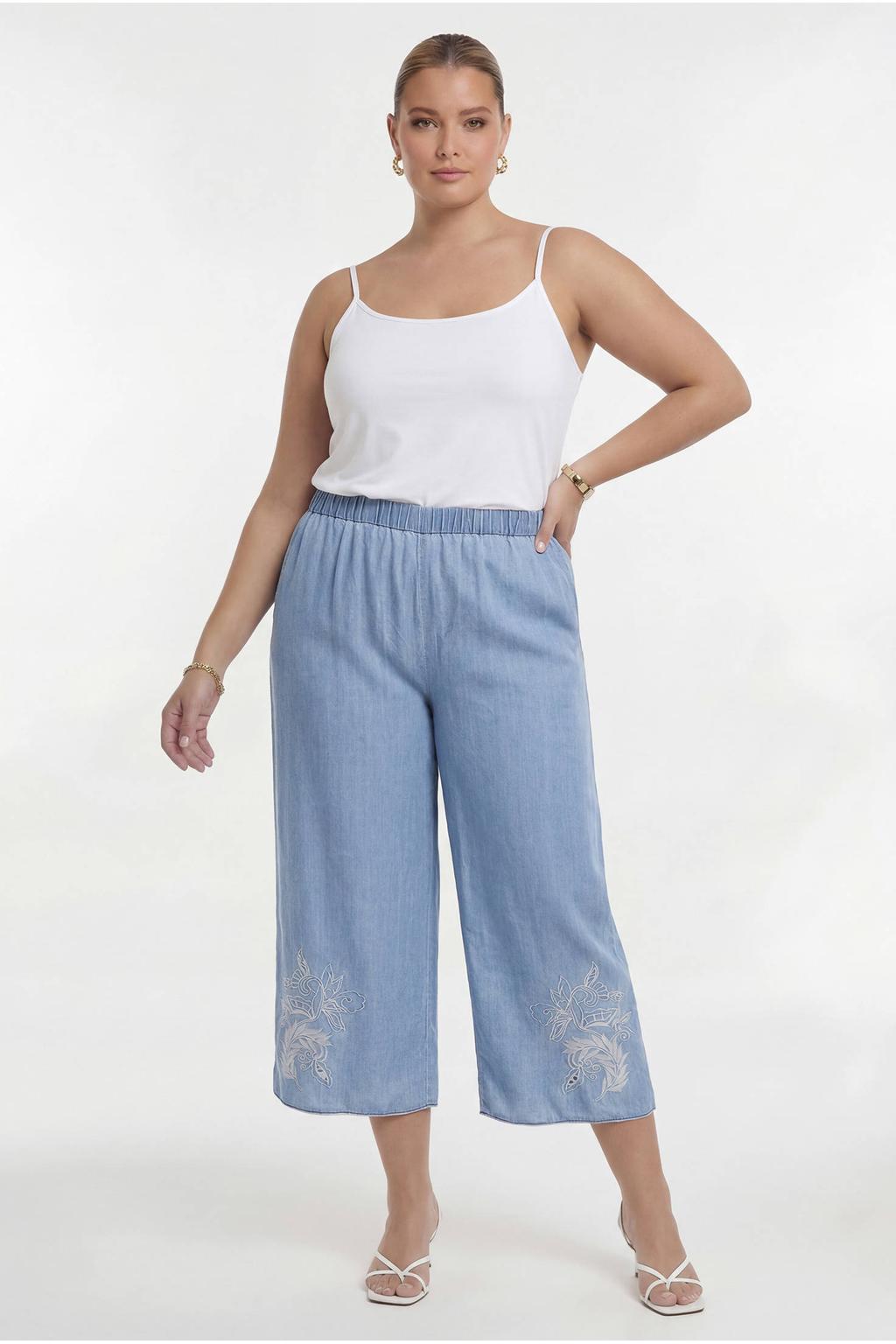 YOEK wide leg regular waist broek broderie light blue denim