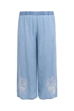 wide leg regular waist broek broderie light blue denim
