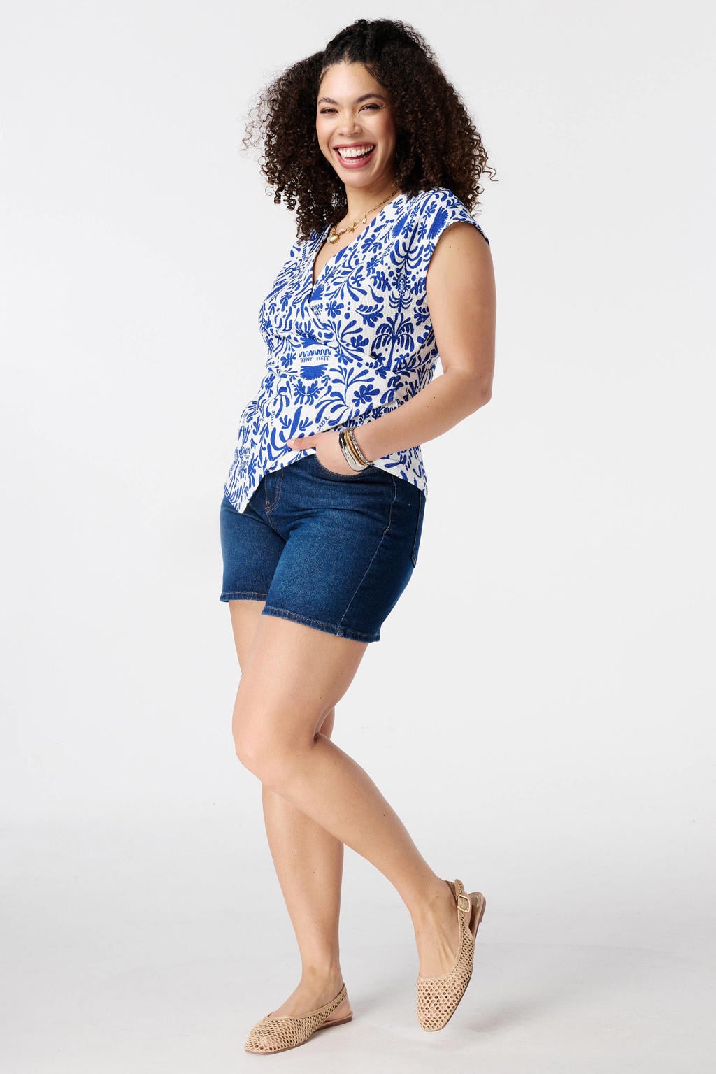 Blauw en ecru dames MS Mode aansluitend top Plus Size van polyester met overslagkraag