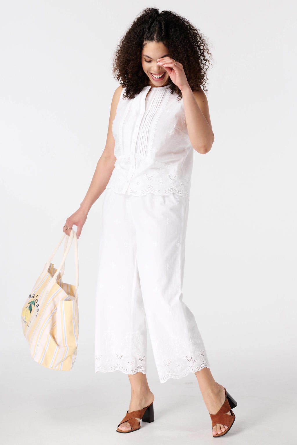 Witte dames MS Mode broderie blouse Plus Size van katoen met effen en knoopsluiting