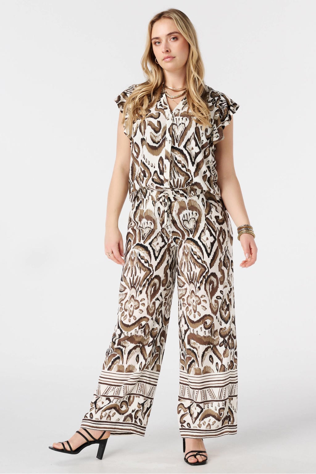 Multikleurige dames MS Mode top van viscose met korte mouwen, V-hals en ruches