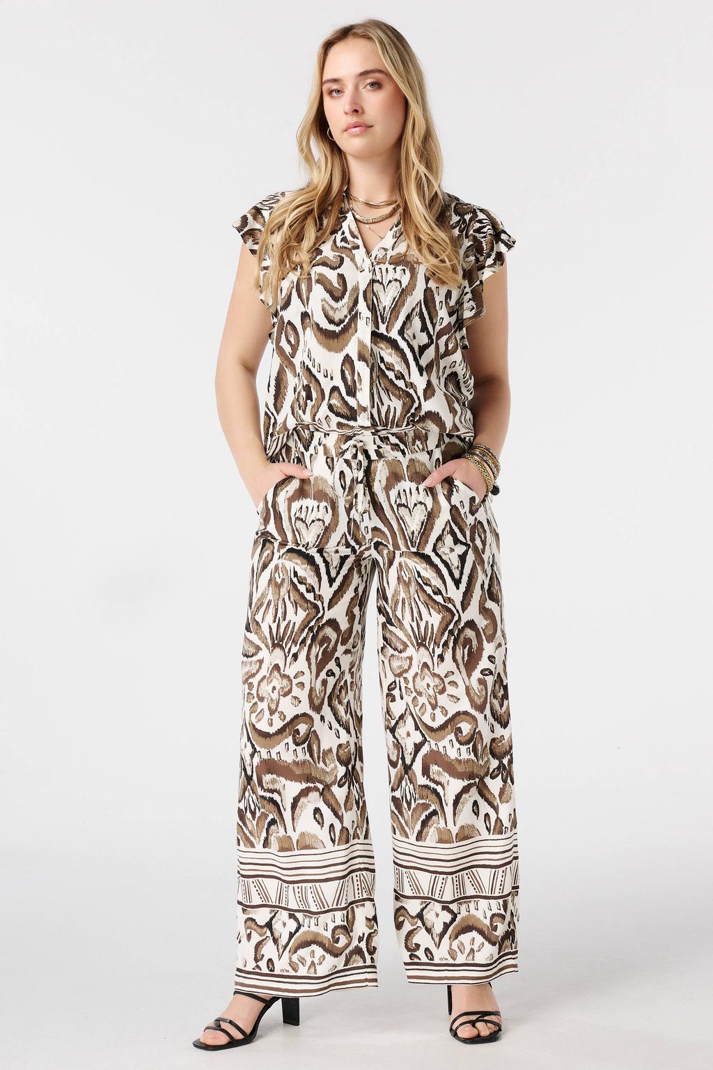Multikleurige dames MS Mode wide leg regular waist broek van viscose met elastische tailleband met koord
