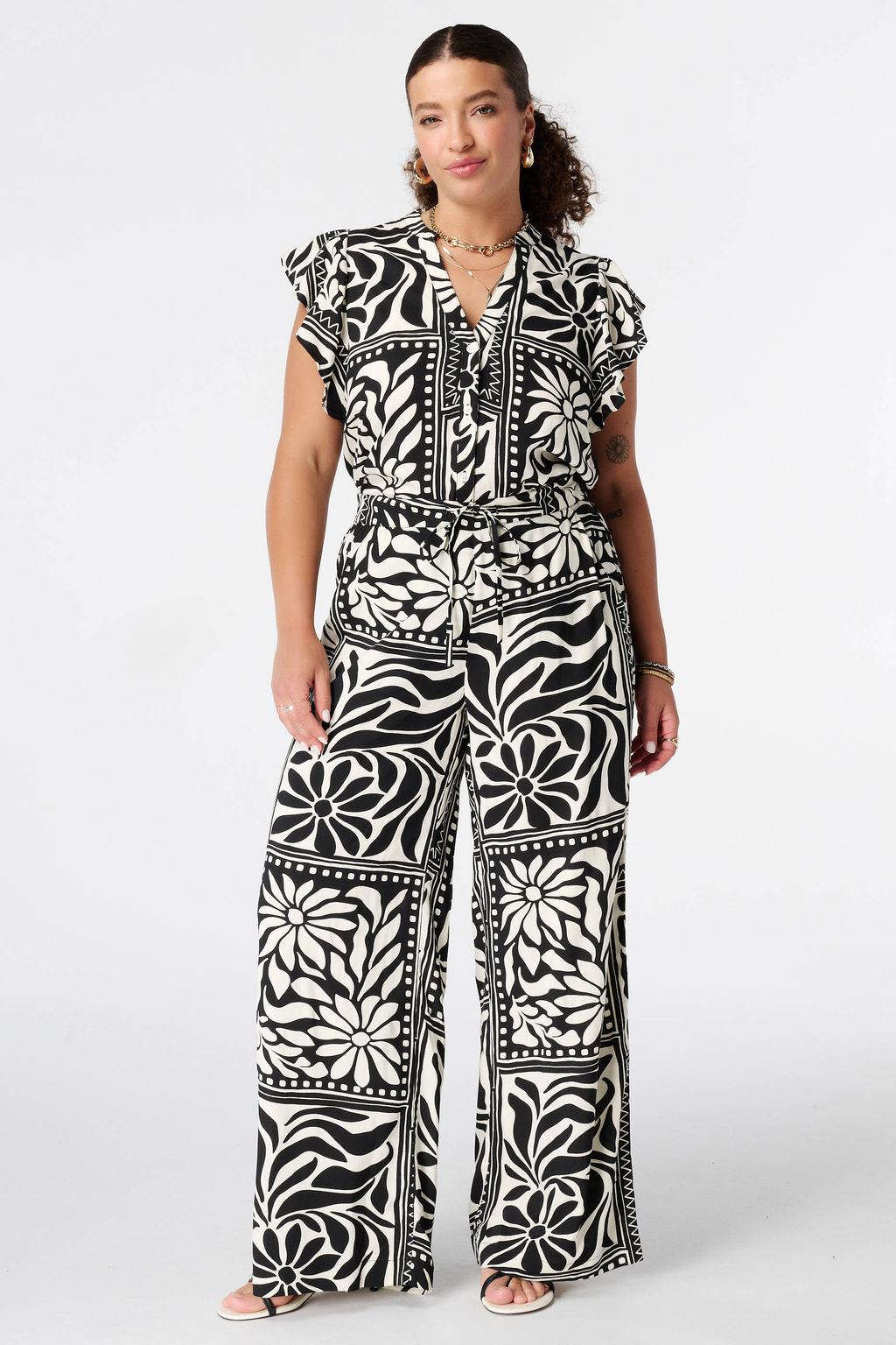 Zwarte dames MS Mode wide leg regular waist broek van viscose met elastische tailleband met koord