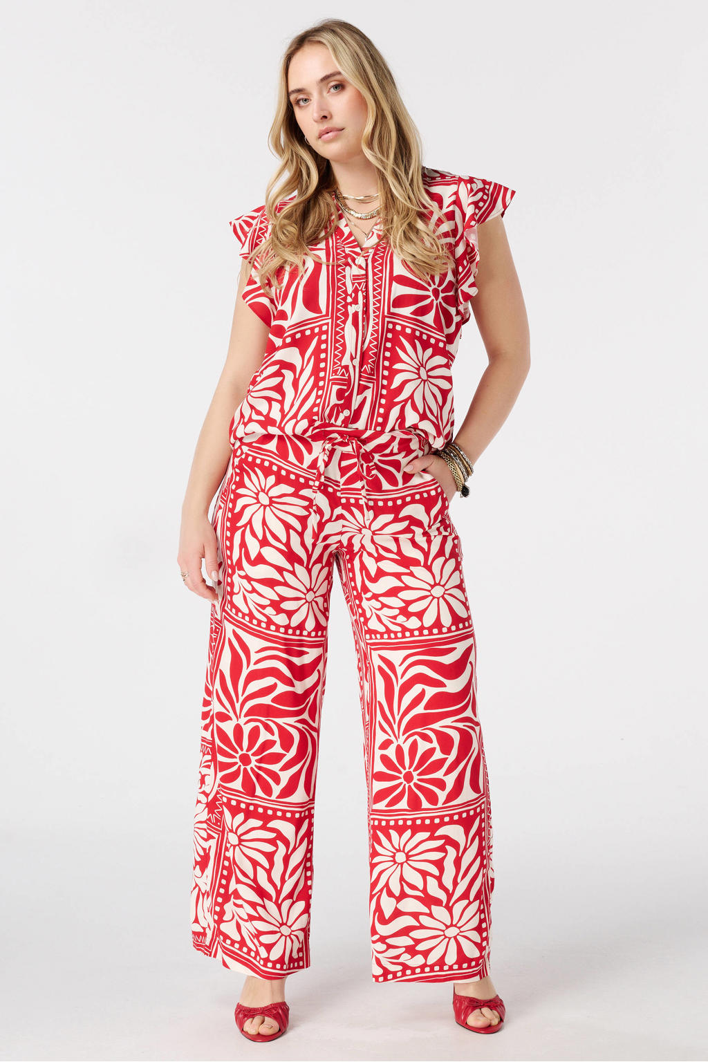 Rode dames MS Mode wide leg regular waist broek van viscose met elastische tailleband met koord