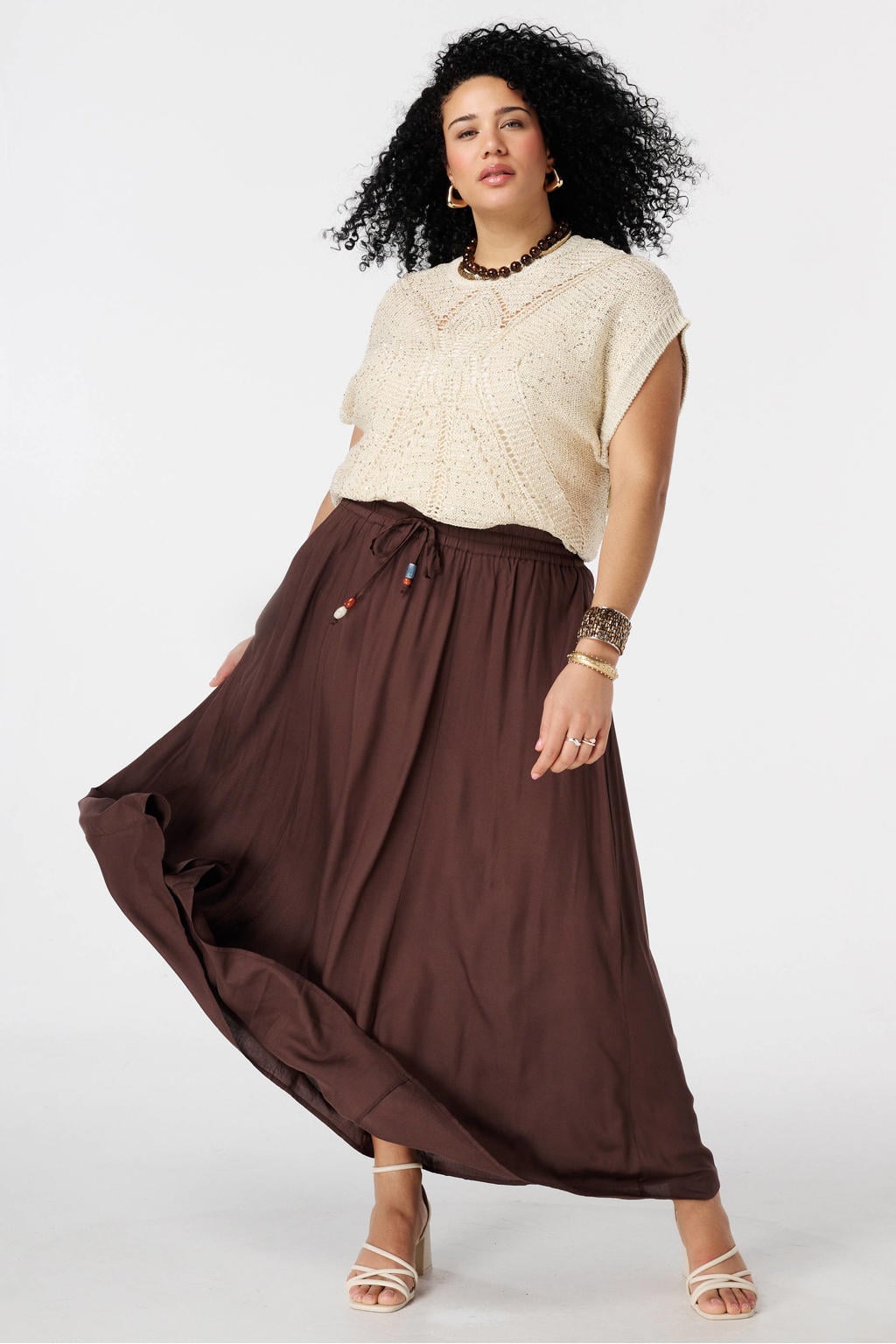 Beige dames MS Mode top gehaakt van acryl met effen en korte mouwen