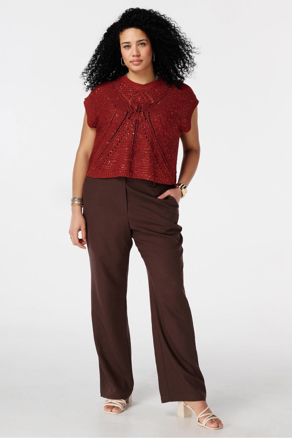 Roodbruine dames MS Mode top gehaakt bruin van acryl met effen en korte mouwen