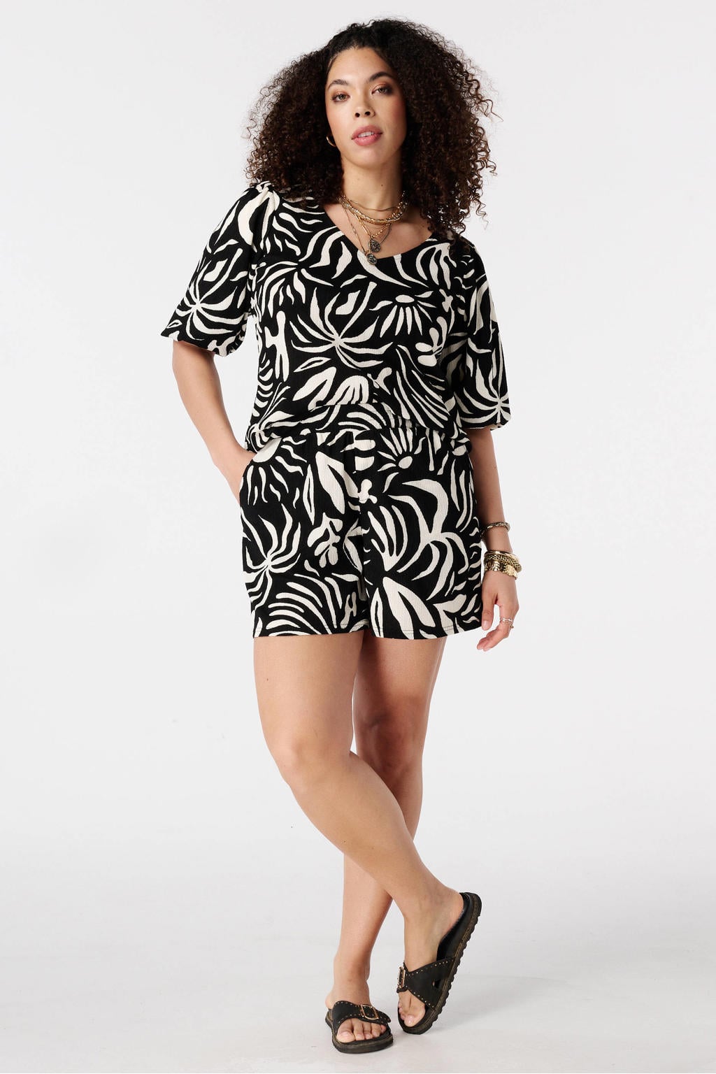 Zwarte dames MS Mode top van polyester met korte mouwen en V-hals