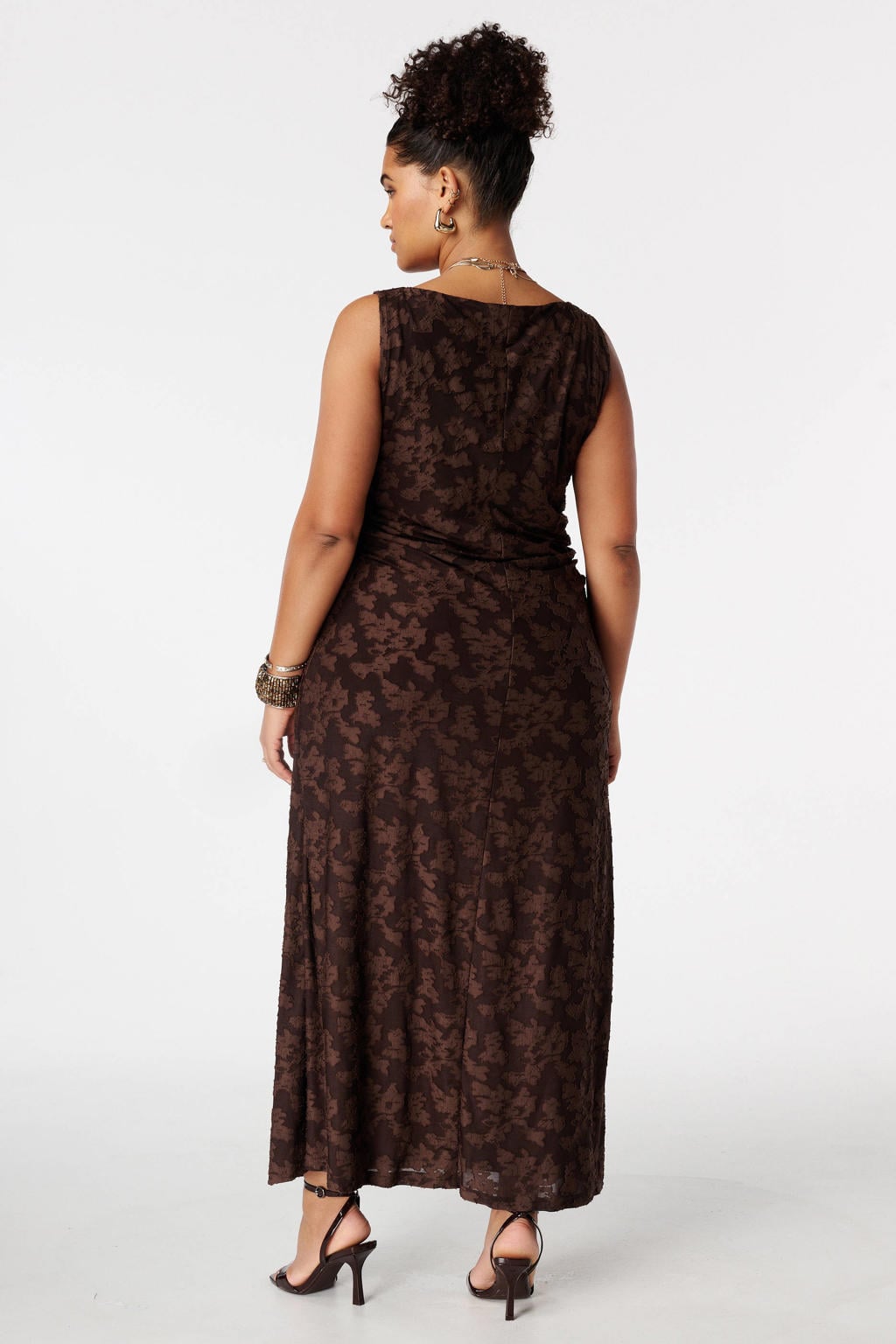 Bruine dames MS Mode maxi jurk van polyester met effen, klassieke kraag en jacquard