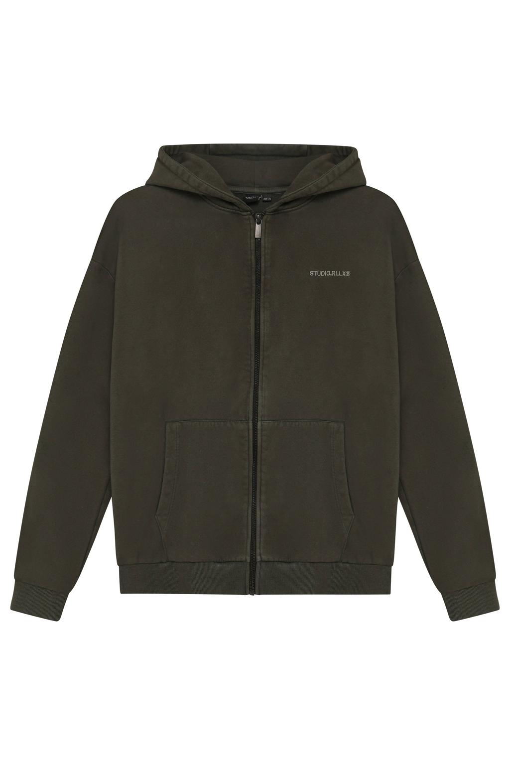 Donkergroene jongens Rellix oversized sweatvest met effen, lange mouwen, ritssluiting en borduursels
