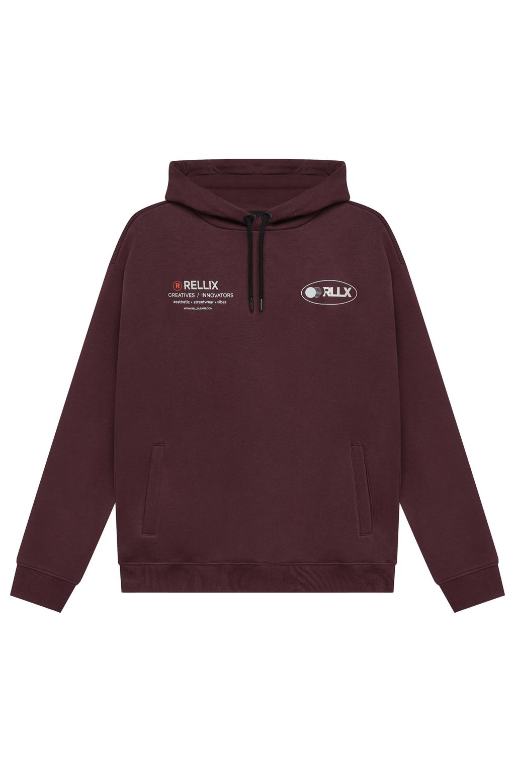 Donkerrode jongens Rellix oversized hoodie van sweat materiaal met logo dessin, lange mouwen en capuchon
