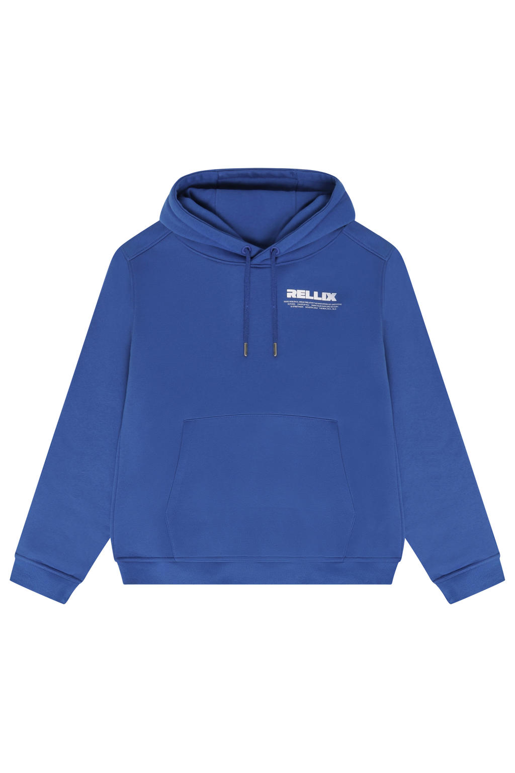 Blauwe jongens Rellix rechtvallende sweater met backprint, lange mouwen, capuchon en tunnelkoord