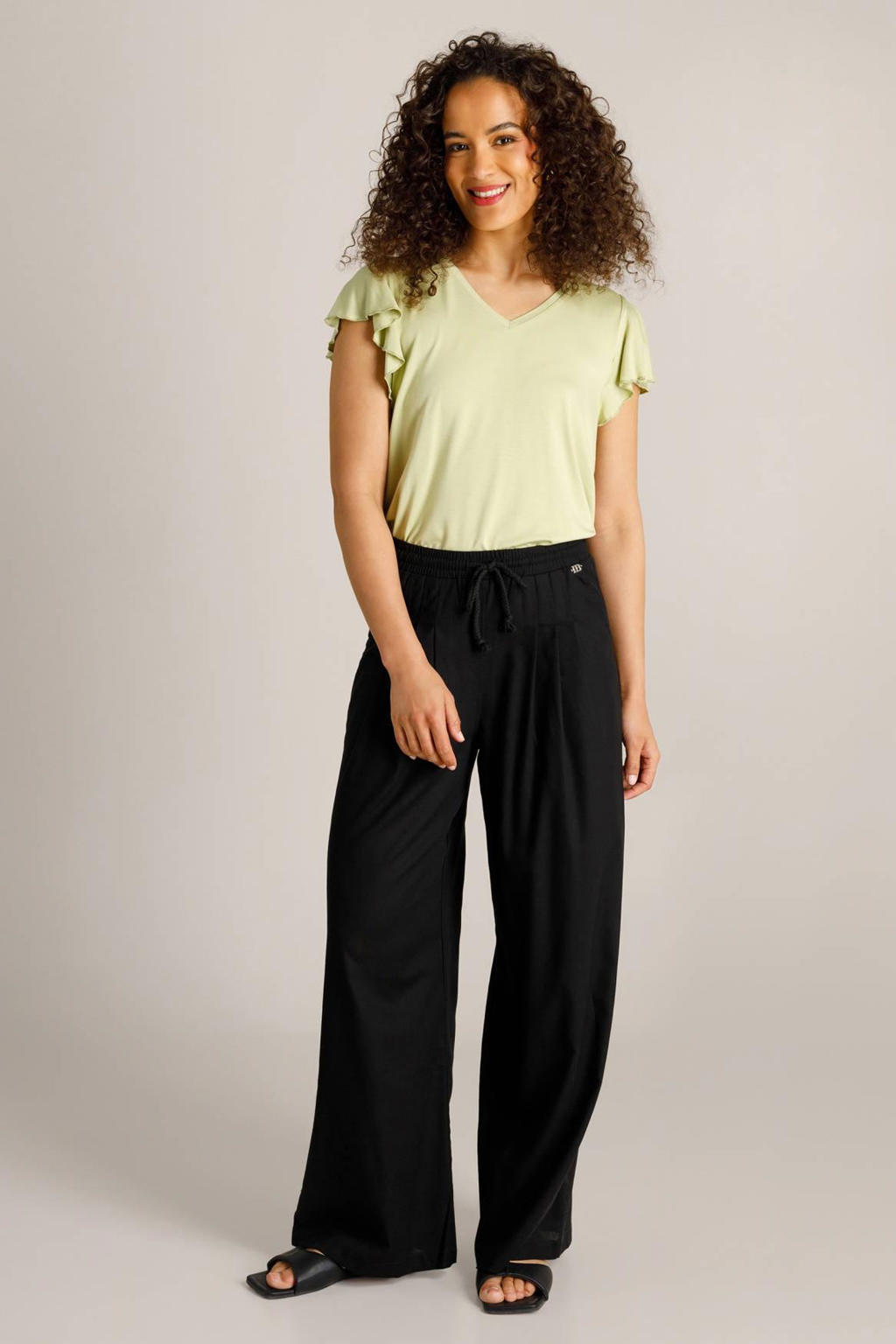 Zwarte dames Ivy Beau wide leg regular waist broek van linnen met vetersluiting en effen