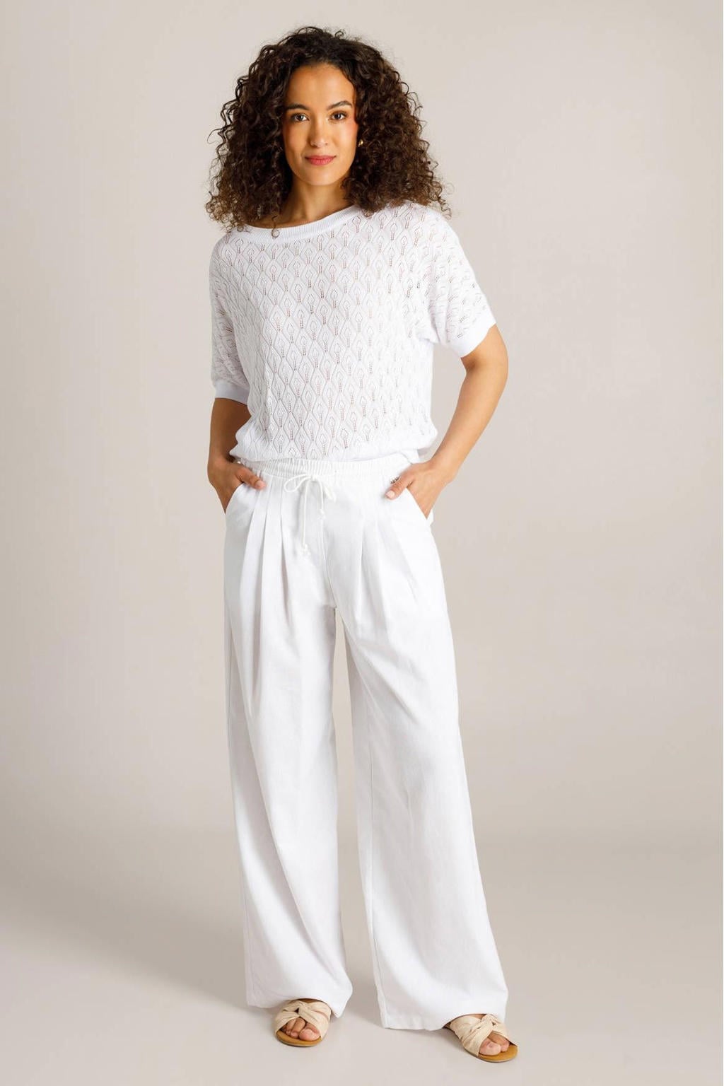 Witte dames Ivy Beau wide leg regular waist broek van linnen met vetersluiting en effen