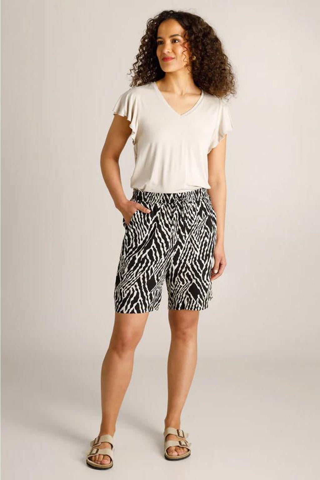 Beige dames Ivy Beau top van viscose met effen, korte mouwen en V-hals
