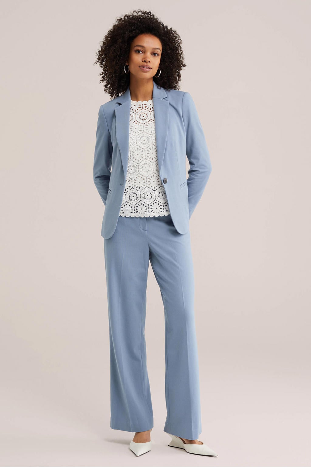Grijsblauwe dames WE Fashion jersey high waist pantalon blauw van viscose met loose fit, rits- en knoopsluiting en effen
