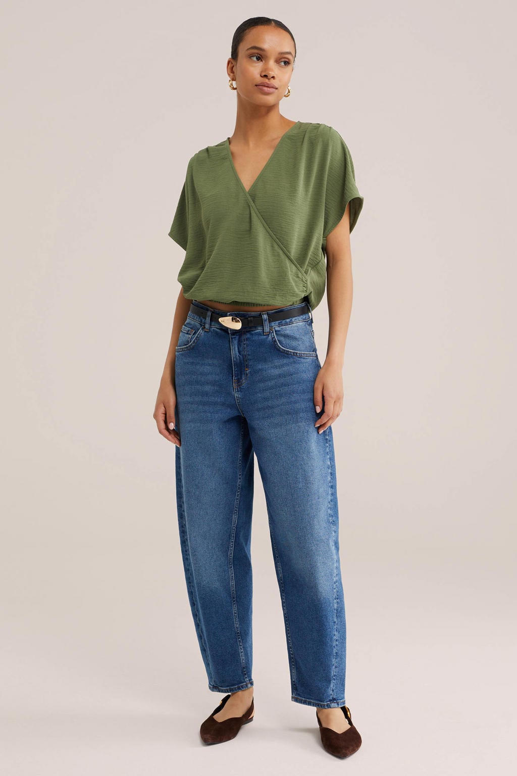 Groene dames WE Fashion top van polyester met effen, korte mouwen en V-hals