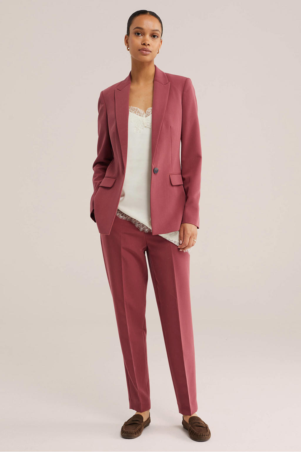 Oudroze dames WE Fashion slim fit broek van polyester met regular waist en effen