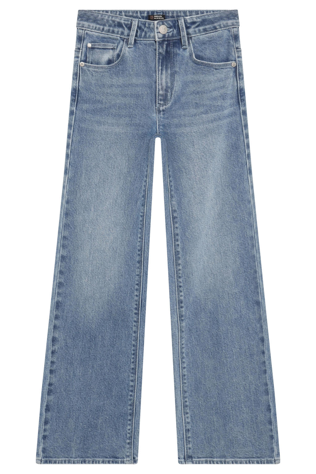 Light blue denim meisjes Indian Blue Jeans wide leg jeans van stretchdenim met high waist, rits- en knoopsluiting en effen