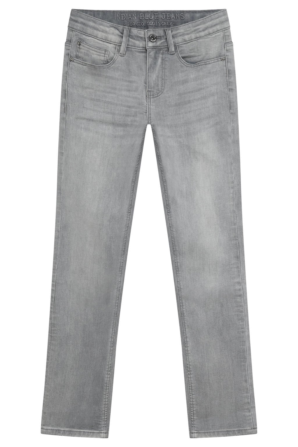 Grey denim jongens Indian Blue Jeans straight leg jeans van stretchdenim met rits- en knoopsluiting en effen