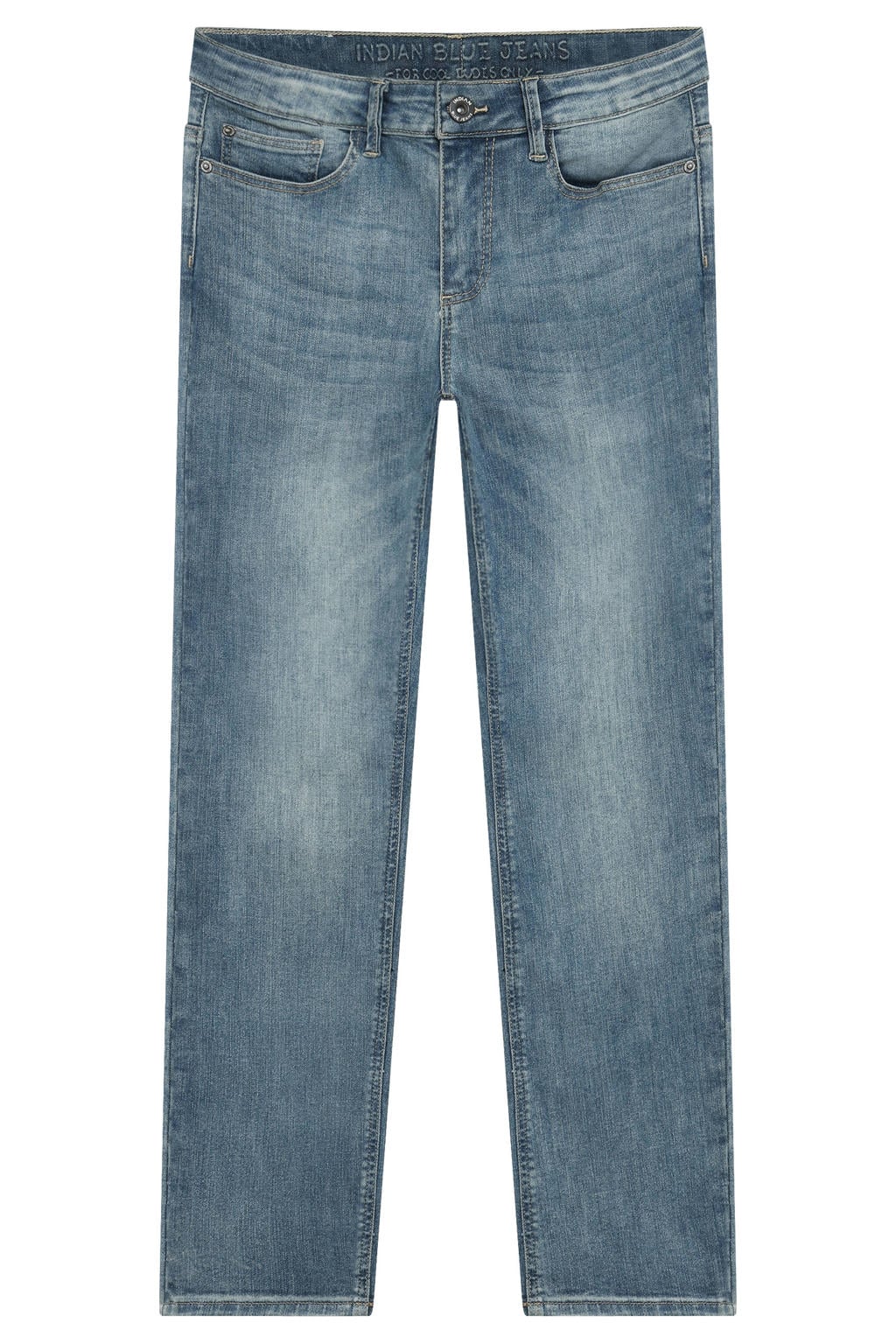 Medium blue denim jongens Indian Blue Jeans straight leg jeans van stretchdenim met rits- en knoopsluiting en effen