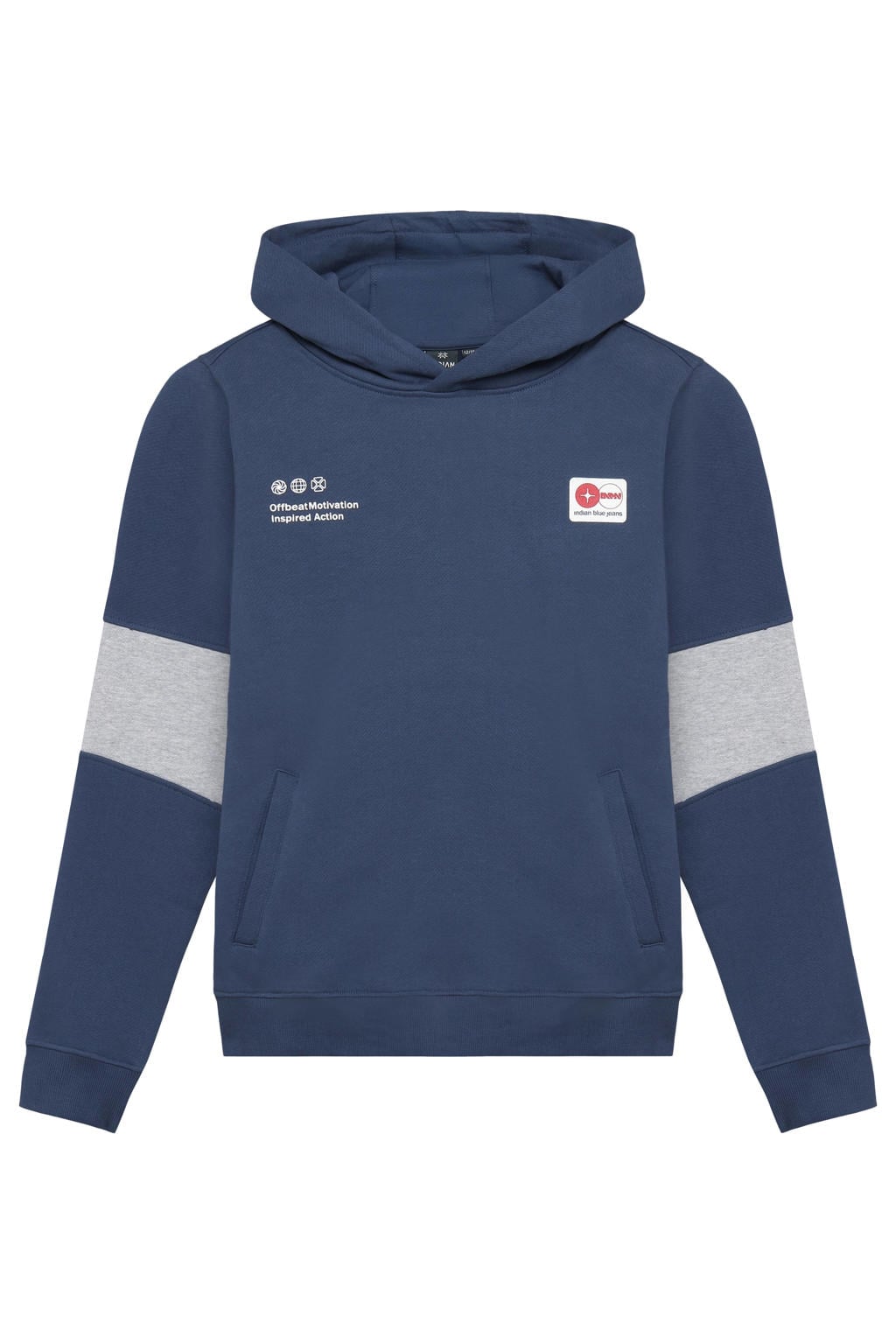Donkerblauw en grijze jongens Indian Blue Jeans rechtvallende hoodie van sweat materiaal met backprint, lange mouwen en capuchon
