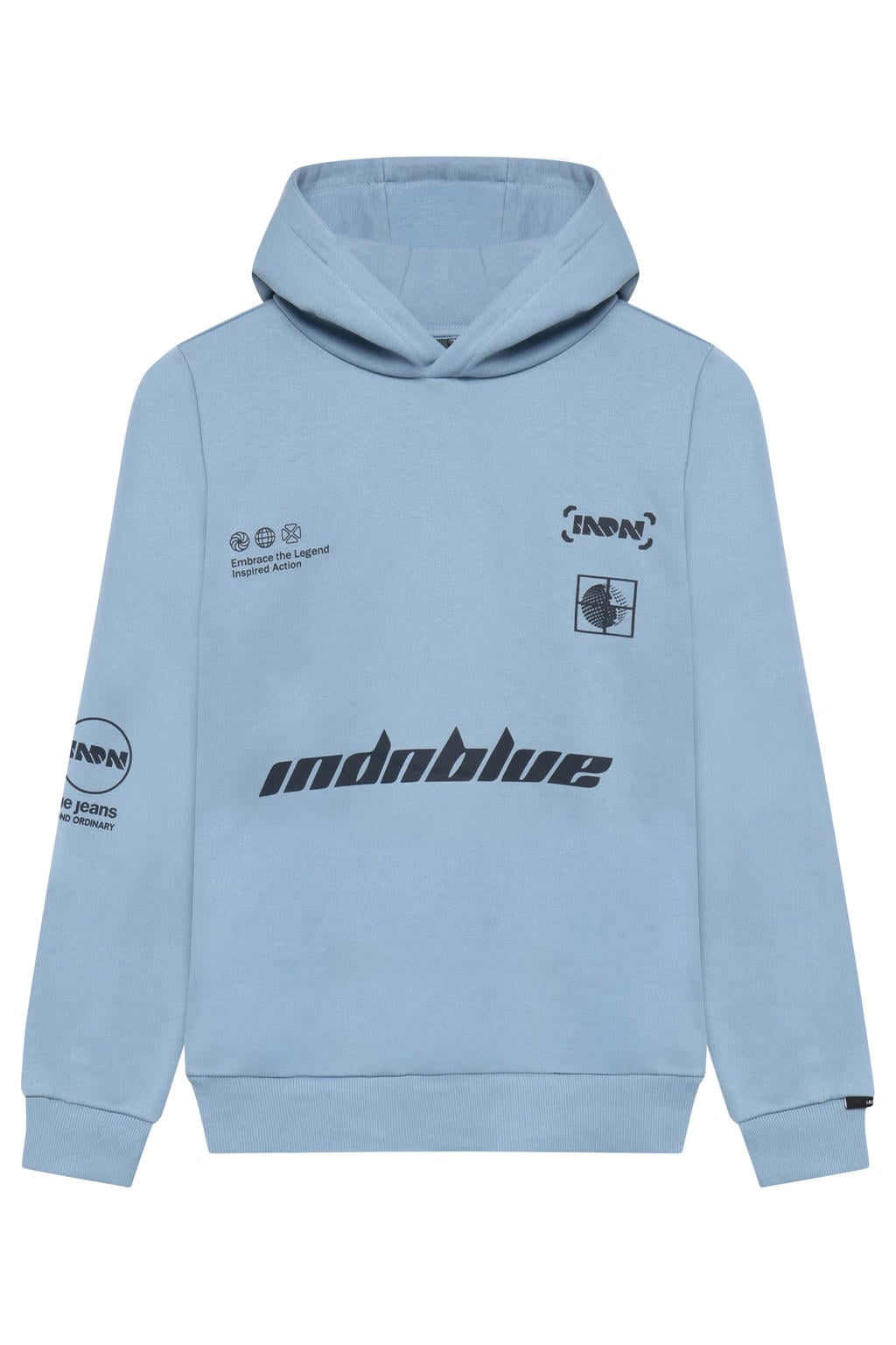 Lichtblauwe jongens Indian Blue Jeans rechtvallende hoodie van sweat materiaal met printopdruk, lange mouwen en capuchon