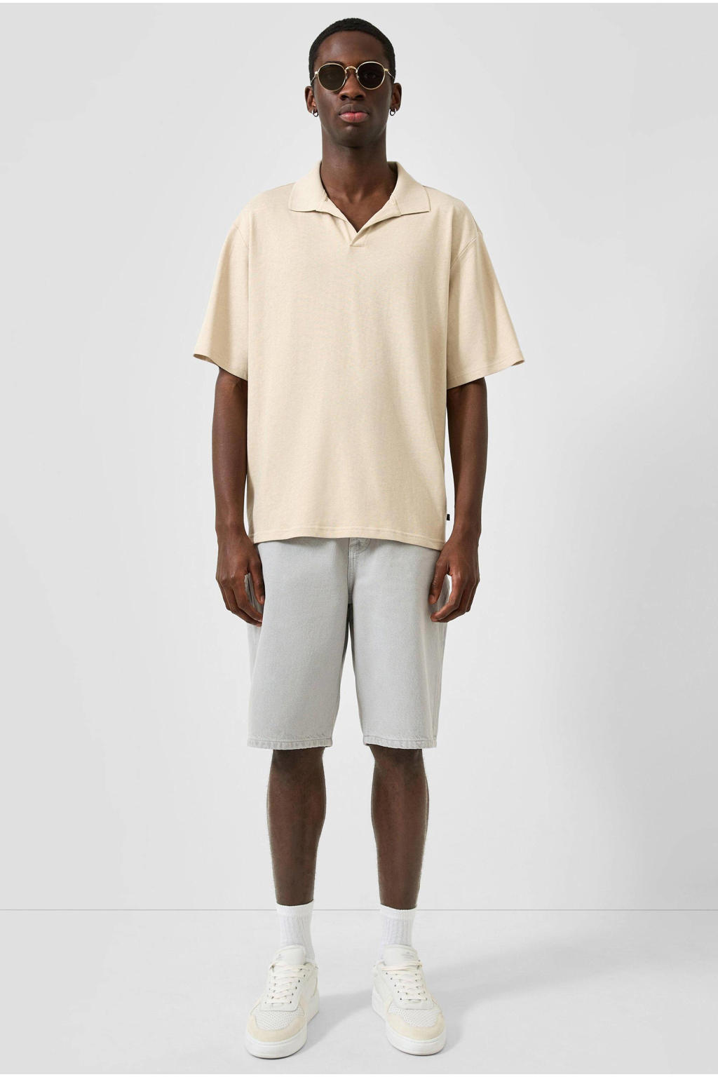 Beige heren QS relaxed fit polo van katoen met effen, korte mouwen en klassieke kraag