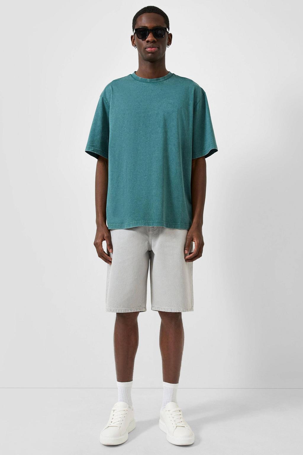 Petrolkleurige heren QS relaxed fit T-shirt van katoen met effen, korte mouwen en ronde hals