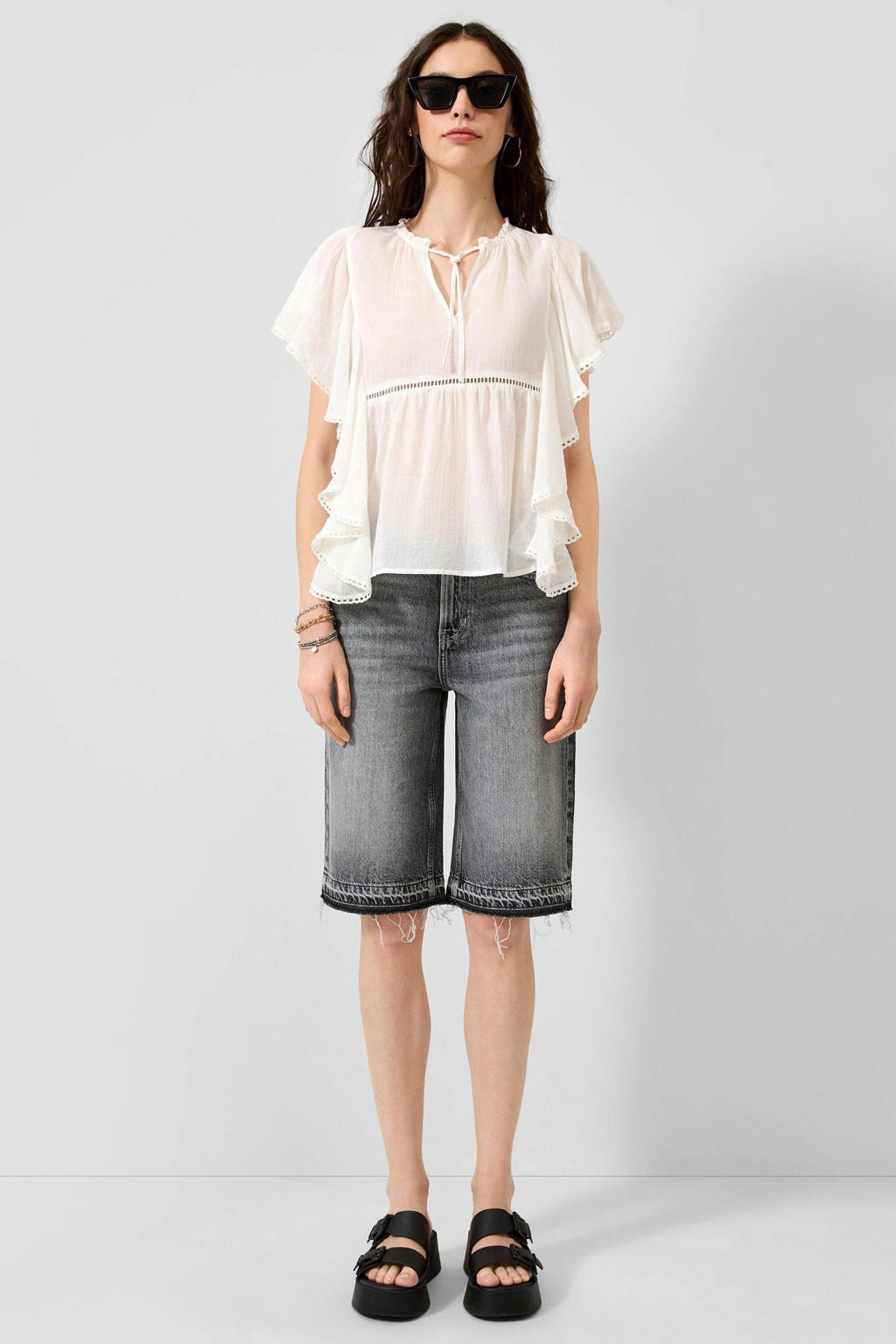 Witte dames QS top met effen, korte mouwen en ruches