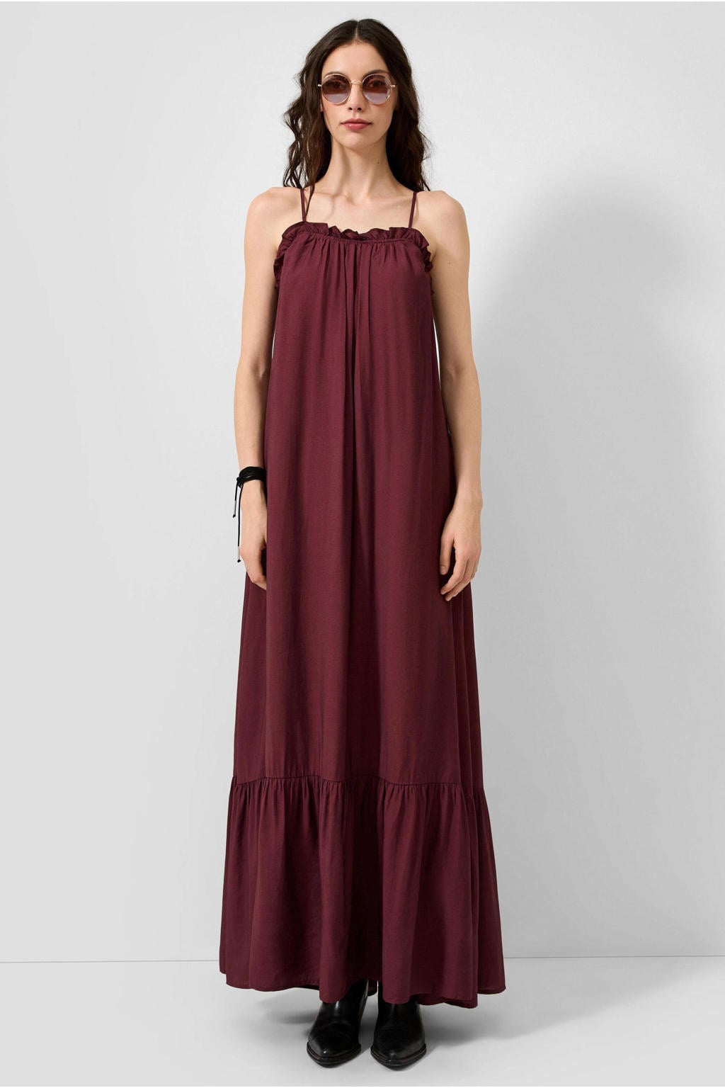 QS viscose maxi zomerjurk met ruches - aubergine