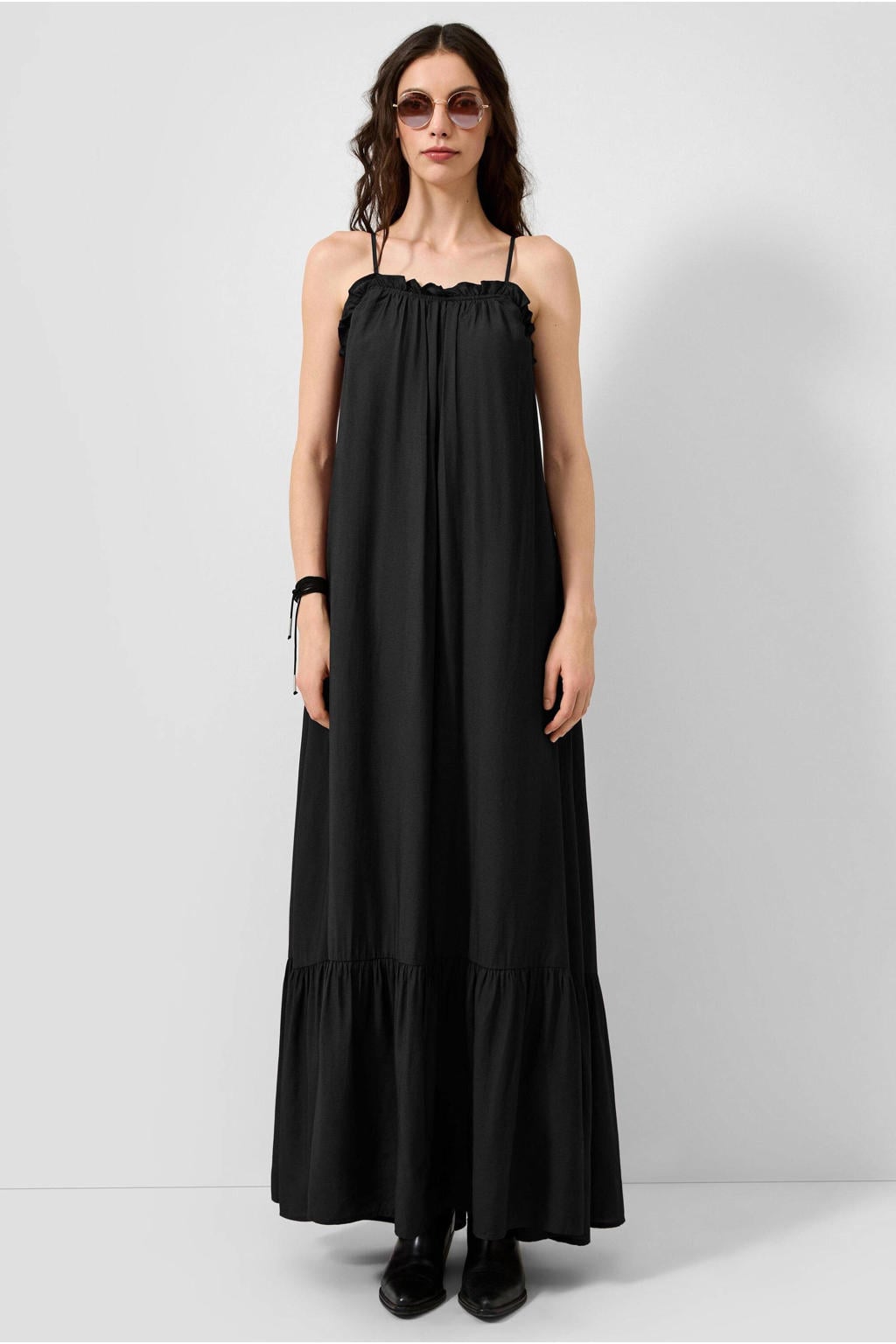 QS viscose maxi jurk met ruches - zwart