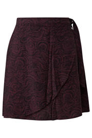 thumbnail: Donkerpaars en zwarte dames QS korte wikkelrok met print gemaakt van viscose en met striksluiting
