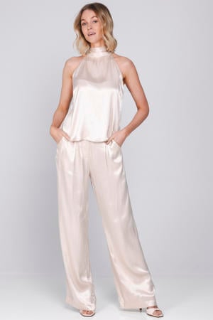 satijnen wide leg regular waist broek lichtroze