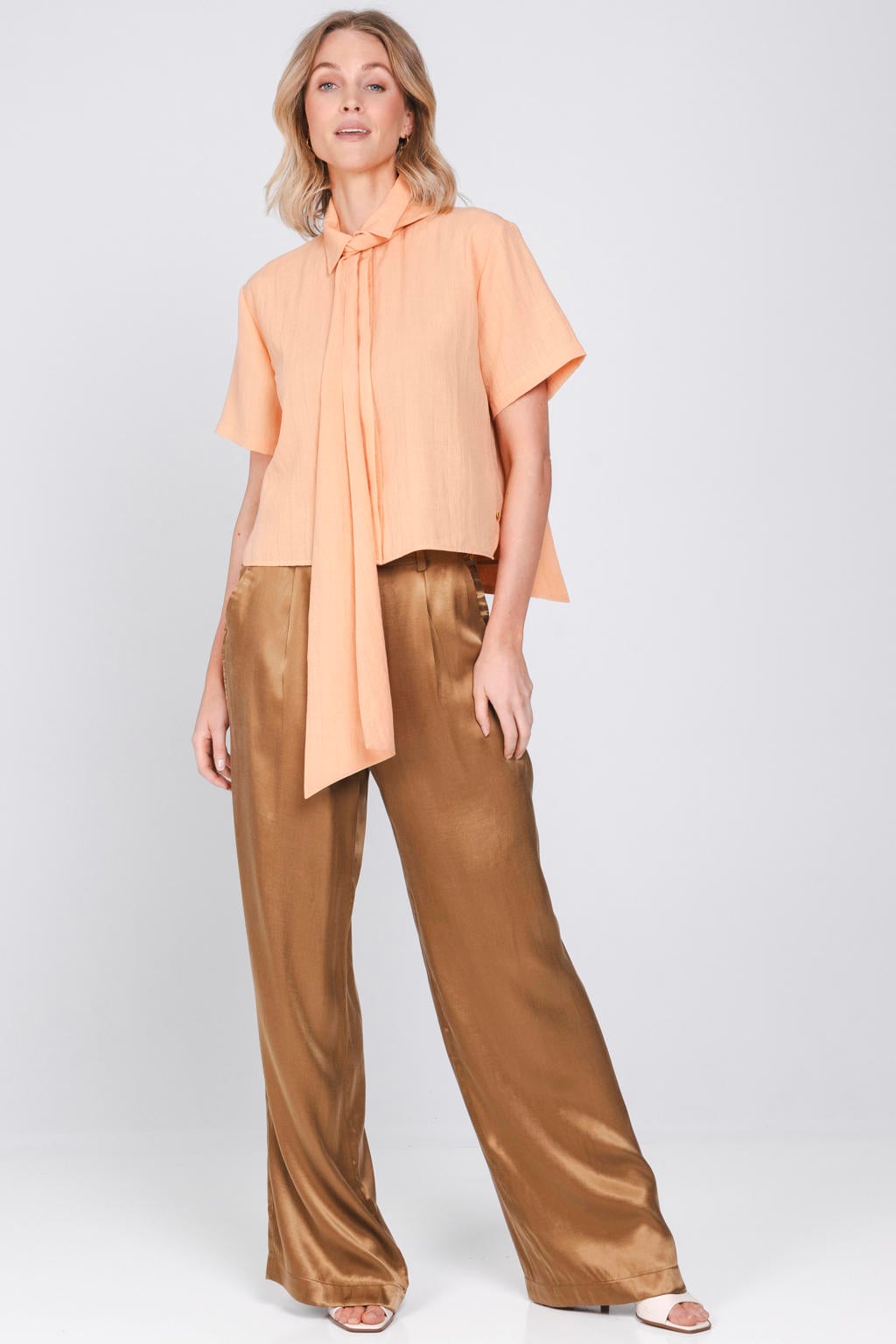 Oranje dames Accentil blouse van rayon met effen, korte mouwen, klassieke kraag en knoopsluiting