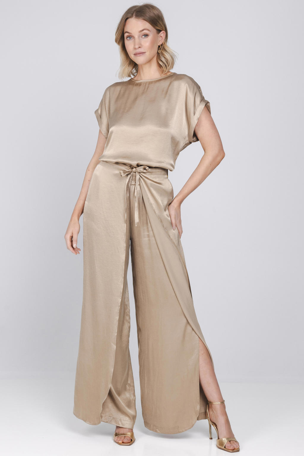 Gouden dames Accentil wide leg high waist broek van lyocell met striksluiting en effen