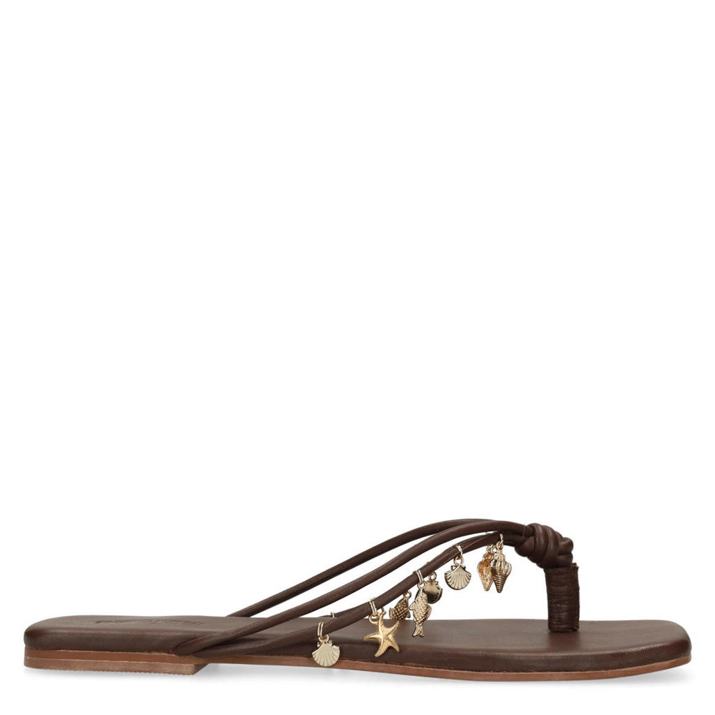 Bruine dames Sacha leren teenslippers