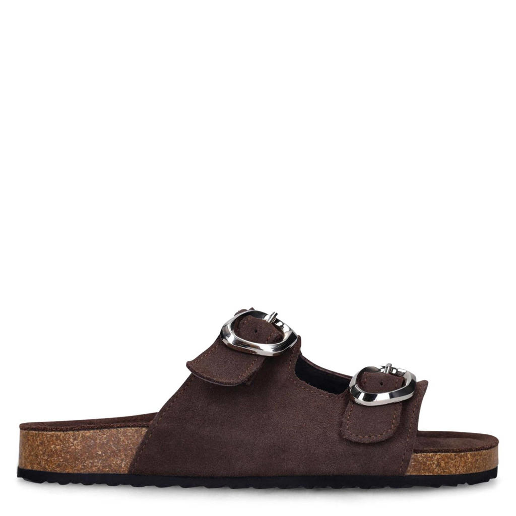 Bruine dames Sacha suède slippers met gesp