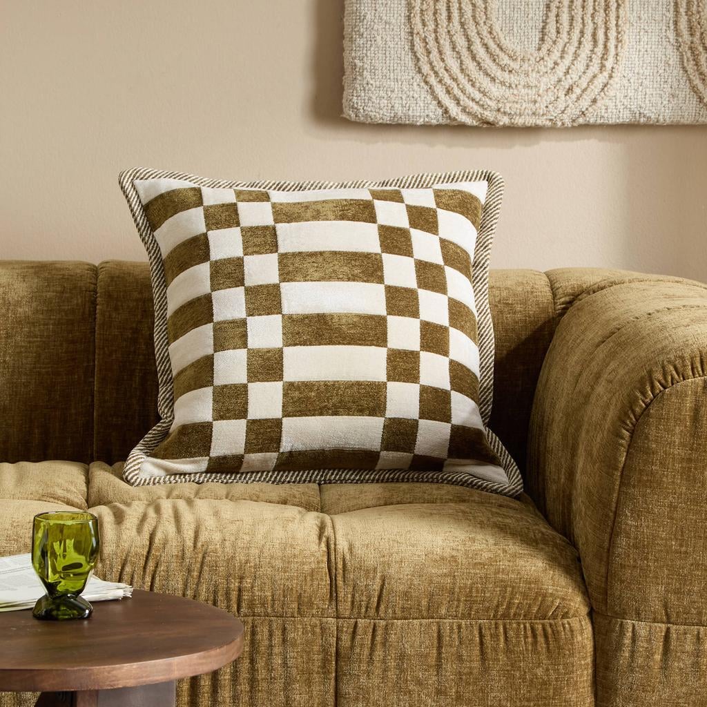 Studio LIVIT vierkante viscose geruite sierkussenhoes Reya 50x50 cm - groen/crème