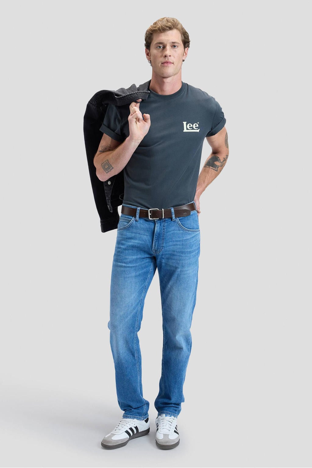 Zwarte heren Lee regular T-shirt van katoen met backprint, korte mouwen en ronde hals