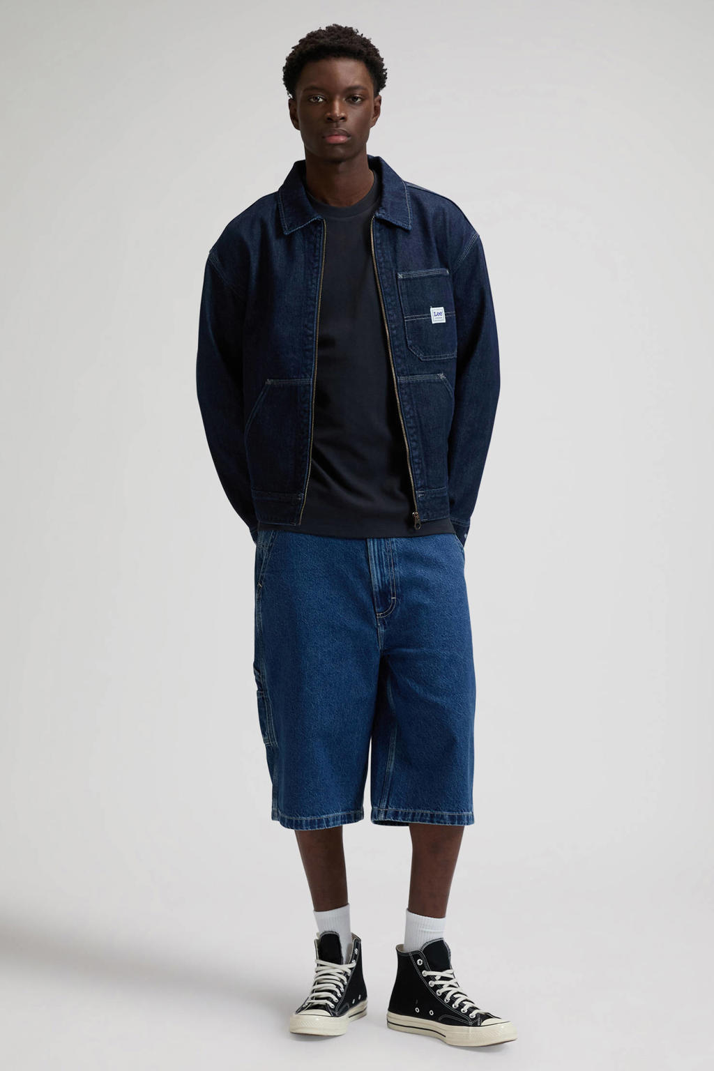 Dark blue denim heren Lee spijkerjas dark blue van denim met effen, lange mouwen en ritssluiting